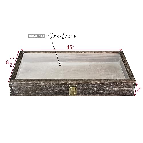 MOOCA Natural Wood Glass Top Jewelry Display Tempered Glass Accessories Storage Box with Metal Clasp, Wooden Jewelry Organizer Tray for Collectibles,