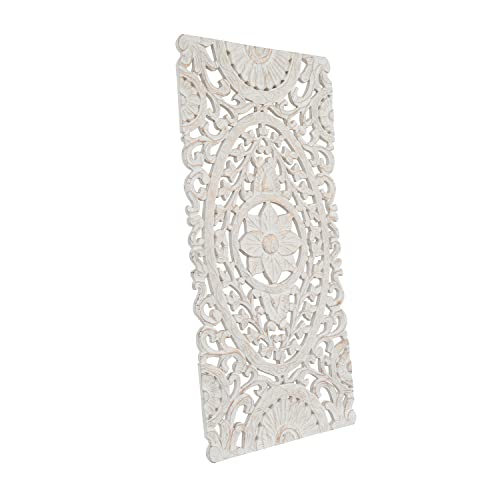 Deco 79 Wooden Floral Handmade Intricately Carved Wall Decor with Copper Accents, 24" x 1" x 48", White
