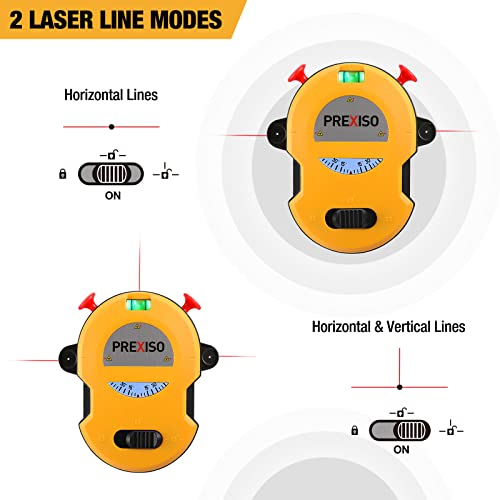 PREXISO Multi Surface Laser Level LED Light Vial, 30Ft Horizontal & Vertical Line Laser with Wall Mount Base, 2 Pins, 10 Sticker, 2 AA Batteries for Prexiso