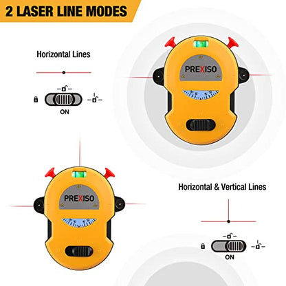 PREXISO Multi Surface Laser Level LED Light Vial, 30Ft Horizontal & Vertical Line Laser with Wall Mount Base, 2 Pins, 10 Sticker, 2 AA Batteries for