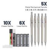Mr. Pen- Metal Mechanical Pencil Set with Lead and Eraser Refills, 5 Sizes, 0.3, 0.5, 0.7, 0.9, 2mm, Drafting, Sketching, Architecture, Drawing Mr. Pen