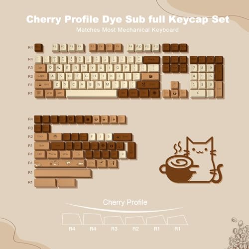 YUNZII Coffee Cat Dye Sub PBT Keycaps,152 Full Keys Dye Sublimation PBT Custom Keycaps with Key Puller for Cherry Gateron MX Switches Mechanical YUNZII