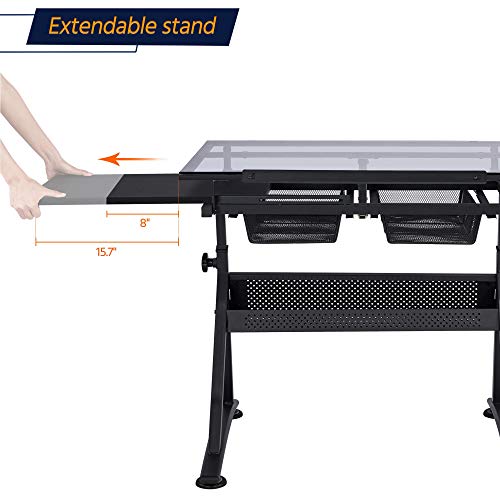Topeakmart Height Adjustable Drafting Desk Artist Drawing Table Tilted Tabletop Art Desk Work Station w/2 Storage Drawers and Stool for Home Office Topeakmart