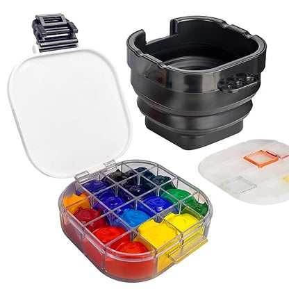 Falling in Art 16 Wells Paint Palette, Airtight Palette Storage Box with Lid and Folding Paint Brush Basin for Watercolor, Gouache and Acrylic - WoodArtSupply