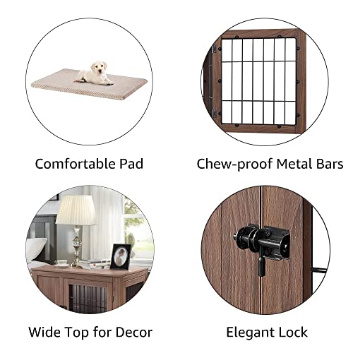 unipaws Furniture Style Dog Crate End Table with Cushion, Wooden Wire Pet Kennels with Double Doors, Medium Dog House Indoor Use (Walnut, Medium) - WoodArtSupply