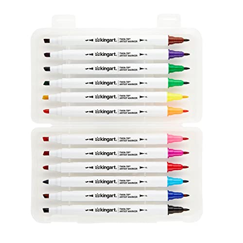 KINGART Studio Twin-Tip™ Permanent Alcohol-Based Sketch Markers, Storage/Travel Case, Set of 12 Unique Colors KINGART