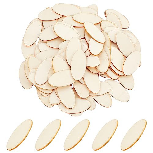 NBEADS 100 Pcs Unfinished Wood Cutouts, Oval Shape Wood Pieces Wooden Cutouts Wood Discs Slices Natural Wood Embellishments for Drawing Art Craft NBEADS