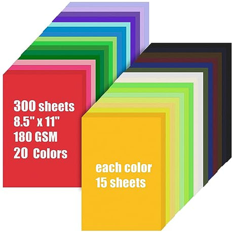 Colored Cardstock Bulk 300 sheets, 8.5” x 11” Cardstock Paper Set, 20 Assorted Colors Construction Paper,180 GSM Card Stock Printer Paper Oleitodh