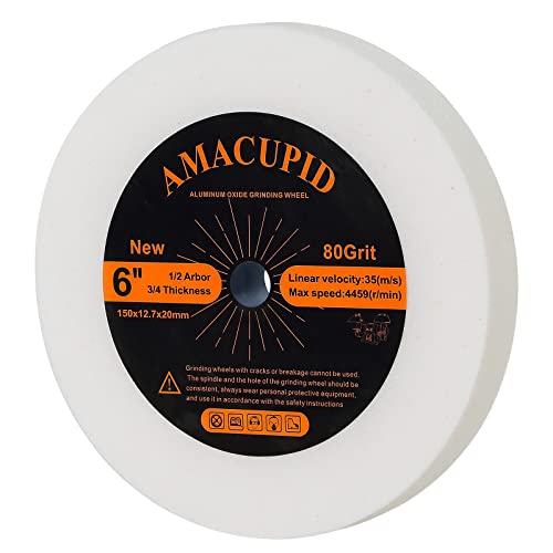 AmaCupid Bench Grinding Wheel 6 inch. for Sharpening Quenched Steel, High Carbon Steel and Other Cutting Tools. White Aluminum Oxide Abrasive. 1/2