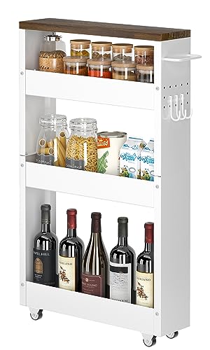 CHLORYARD Slim Storage Cart, 4-Tier Kitchen Rolling Cart Narrow Storage Cabinet with Handle & Wood Top, Metal Rolling Shelf Unit for Kitchen Bathroom CHLORYARD