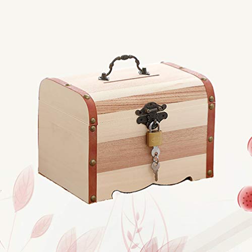 NUOBESTY Wood Treasure Chest Money Saving Jar Chest Piggy Bank Money Safe for Cash Saving Wooden Jewelry Organiser Vintage Luggage Wooden Bank NUOBESTY