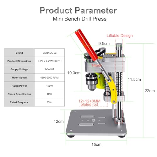 BERXOL Mini Drill Press, Benchtop Drill Press, Portable Electric Drilling Machine, CNC 795 Motor, B10 Chuck, Drill Bit and Clamp for Metal Wooden - WoodArtSupply