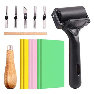 Swpeet 8Pcs Carving Rubber Tools, 6Pcs Scrapbooking Soft Rubber Stamp Carving Linoleum Blocks, 5 in 1 Linoleum Cutter Tools and Rubber Roller Brayer