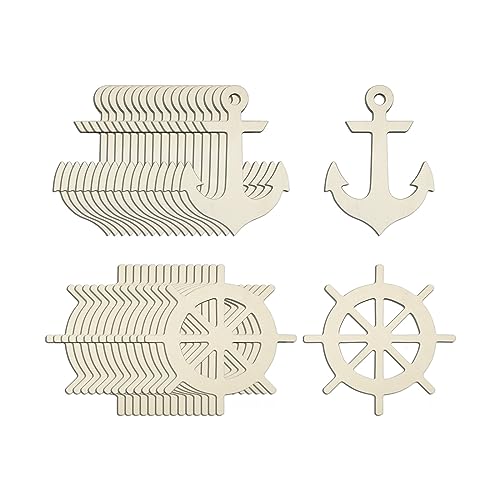 Creaides 60 Pcs Anchor Rudder Wood DIY Craft Cutouts Unfinished Wood Ornaments Gift for Ocean Themed Party Home Decoration Creaides