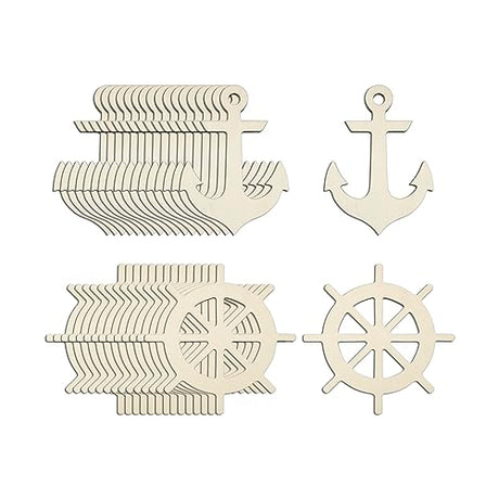 Creaides 60 Pcs Anchor Rudder Wood DIY Craft Cutouts Unfinished Wood Ornaments Gift for Ocean Themed Party Home Decoration Creaides