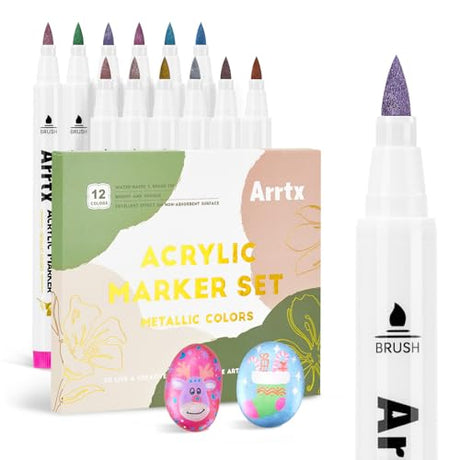 Arrtx 12 Colors Metallic Acrylic Paint Pens for Rock Painting, Extra Fine Tip Metallic Brush Marker for Rock Painting, Ceramic, Glass, Canvas, Mug, Arrtx