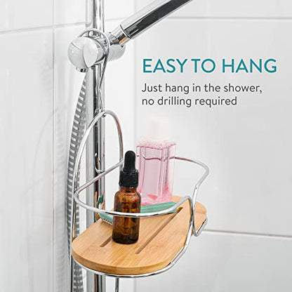 Navaris Bamboo and Metal Shower Caddy - Over Shower Head 2-Shelf Hanging Organizer - Hanger Hook Shelves for Bathroom Showers, Toiletries,