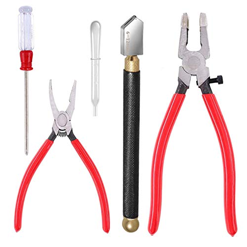 Qovydx 7Pcs Glass Cutting Tools Kit Grozer Plier Stained Glass Cutter Tool Starter Kits Glass Running Pliers Breaking Grozing Pliers Breaker with Qovydx