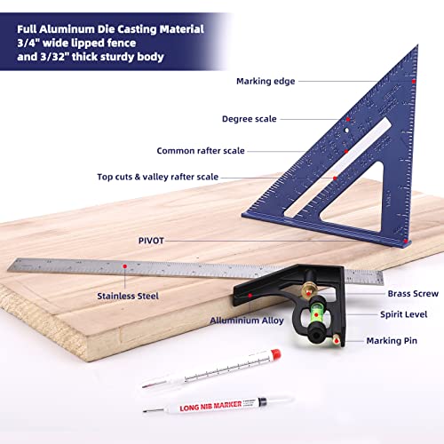 Rafter Square and 12 inch Combo Square Set,Carpentry Squares, Combination Square with Bubble Vial, Woodworking Square, Aluminum Rafter Square,
