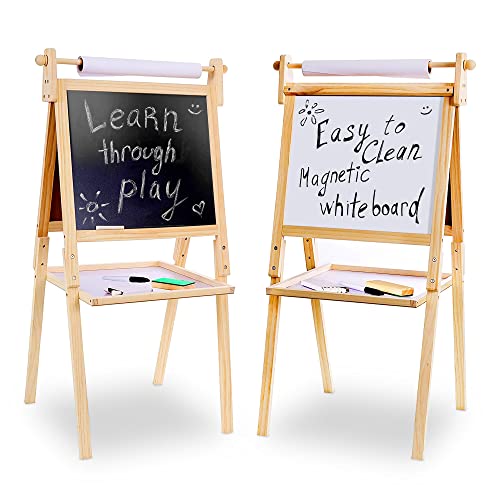 Kraftic Deluxe Standing Art Easel for Kids - Toddler Drawing Chalkboard, Magnetic Whiteboard, Dry Erase Board, Paper Roll and Accessories - WoodArtSupply