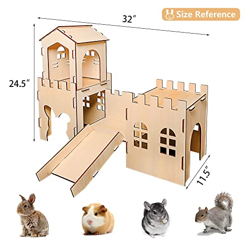 Extra Large Wooden Rabbit Castle Hideaway Tunnel and Bed Small Animal Hideaway Hut Solid Safe Construction Play Hideaway Hut for Rabbit Guinea Pig - WoodArtSupply