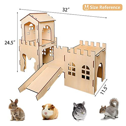 Extra Large Wooden Rabbit Castle Hideaway Tunnel and Bed Small Animal Hideaway Hut Solid Safe Construction Play Hideaway Hut for Rabbit Guinea Pig - WoodArtSupply