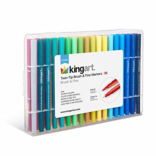 KINGART STUDIO Dual Tip Brush Pen Art Markers with Fineliner, Unqiue Colors, Set of 36 KINGART