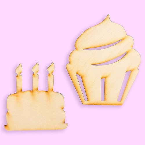 Pack of 24 Unfinished Wood Birthday Cake and Cupcake Cutouts by Factory Direct Craft - Blank Wooden DIY Cake Shapes for Scouts, Camps, Vacation Bible
