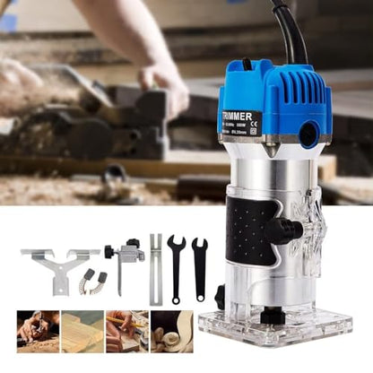 Wood Routers, Electric Wood Trimmer Router Tool, Compact Wood Router Tool Hand Trimmer, Cutting Palmming Tool, 30000 RPM 1/4" Collets 800W 110V，Blue - WoodArtSupply