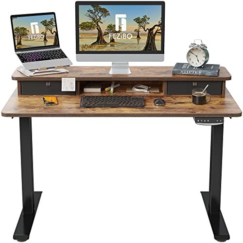 FEZIBO 48 x 24 Inch Height Adjustable Electric Standing Desk with Double Drawer, Stand Up Desk with Storage Shelf, Sit Stand Desk, Rustic Brown FEZIBO