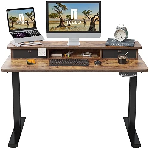 FEZIBO 48 x 24 Inch Height Adjustable Electric Standing Desk with Double Drawer, Stand Up Desk with Storage Shelf, Sit Stand Desk, Rustic Brown - WoodArtSupply