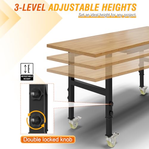 60" Adjustable Workbench, Rubber Wood Top Heavy-Duty Work Bench with Wheels, 2000 LBS Load Capacity Hardwood Worktable with Power Outlets, for Pelnuies
