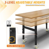 60" Adjustable Workbench, Rubber Wood Top Heavy-Duty Work Bench with Wheels, 2000 LBS Load Capacity Hardwood Worktable with Power Outlets, for Pelnuies