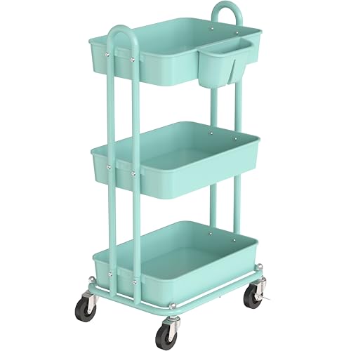 Simple Houseware 3-Tier Multifunctional Rolling Utility Cart with 2 dividers and Hanging Bucket, Turquoise