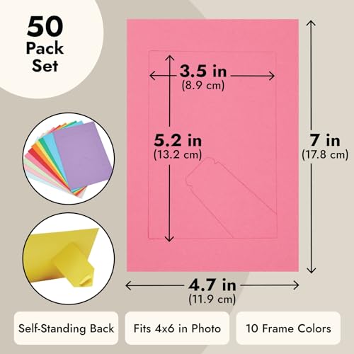 Juvale 50 Pack Colorful 4x6 Paper Picture Frames, Cardboard Photo Easels for DIY, Classroom Crafts, 10 Rainbow Colors Juvale