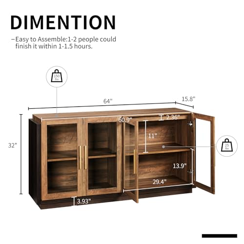 LUXOAK Sideboard Buffet Cabinet with Storage,64" Cabinet with Glass Door, Modern Wood Glass-Buffet Cabinet for Dinning Room,Kitchen, Hallway, and LUXOAK