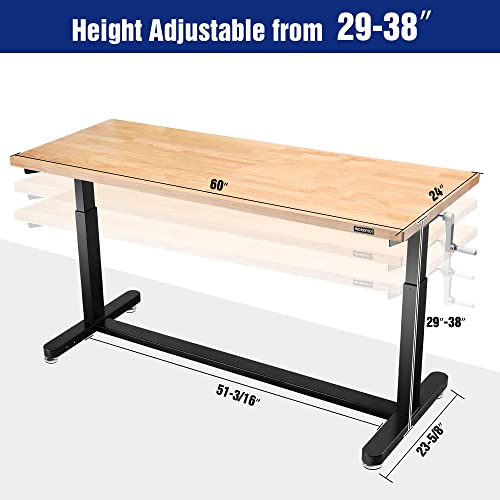 WORKPRO 60” Height Adjustable Work Table with Crank Handle and Casters, 60” x 24” Wooden Top Standing Desk Workbench, Heights from 29”-38”, 500 Lbs WORKPRO