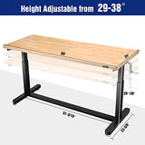 WORKPRO 60” Height Adjustable Work Table with Crank Handle and Casters, 60” x 24” Wooden Top Standing Desk Workbench, Heights from 29”-38”, 500 Lbs WORKPRO