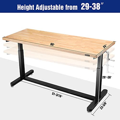 WORKPRO 60” Height Adjustable Work Table with Crank Handle and Casters, 60” x 24” Wooden Top Standing Desk Workbench, Heights from 29”-38”, 500 Lbs