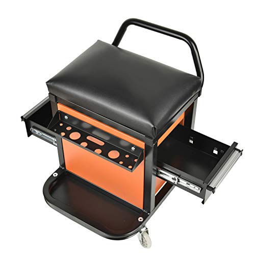 E041 Padded Creeper Seat with Onboard Storage, Rolling Tool Box Chair with Storage Rack and Drawers, Mechanics Roller Seat with Storage Drawers and - WoodArtSupply