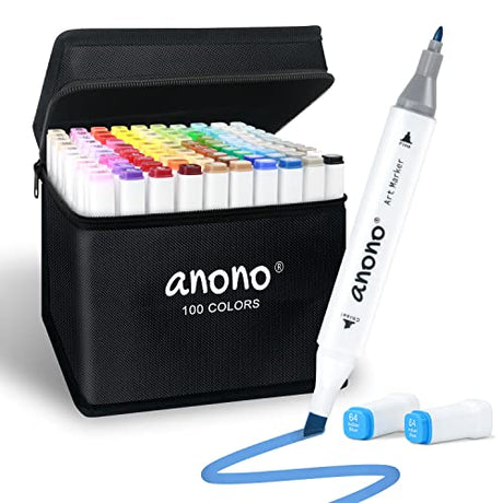 anono 100 Colors Alcohol Marker Dual Tip Marker Permanent Marker Set Artist Markers with Carry Bag for Kids Adults Coloring Drawing, White Penholder anono
