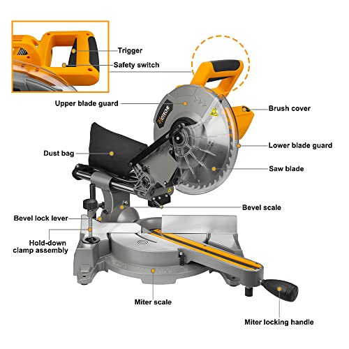 Hoteche Sliding Compound Miter Saw 10-Inch Single Bevel Power Chop Saw 15-Amp Laser Guide Table Saw with TCT Saw Blade for Wood and Metal Cutting