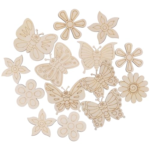 KALLORY 18pcs Unfinished Wooden Cutouts Butterfly Wood Slices Flower Unfinished Wood Cutouts Blank Wooden Paint Crafts for Kids Painting DIY Crafts KALLORY