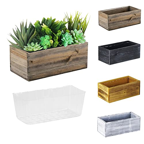 CYS EXCEL Natural Brown Wood Rectangle Planter Box with Removable Plastic Liner (H:4" Open:10"x5") | Multiple Color Choices Rustic Wooden Planters |