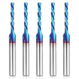 HQMaster 5 Pcs Spiral CNC Router Bits Set Down Cut 1/4” Shank Solid Carbide Spiral Downcut CNC Bits with Nano Blue Coating End Mill for Wood Cut HQMaster