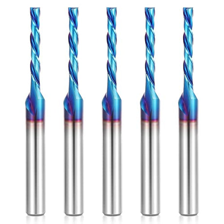 HQMaster 5 Pcs Spiral CNC Router Bits Set Down Cut 1/4” Shank Solid Carbide Spiral Downcut CNC Bits with Nano Blue Coating End Mill for Wood Cut HQMaster