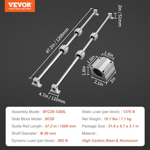 VEVOR Linear Rail Slide 2PCs 20mm x 1200mm Linear Bearing Slide Set with 4Pcs Block Bearings SC20UU+4Pcs Shaft Support Linear Shaft CNC Parts Kits VEVOR