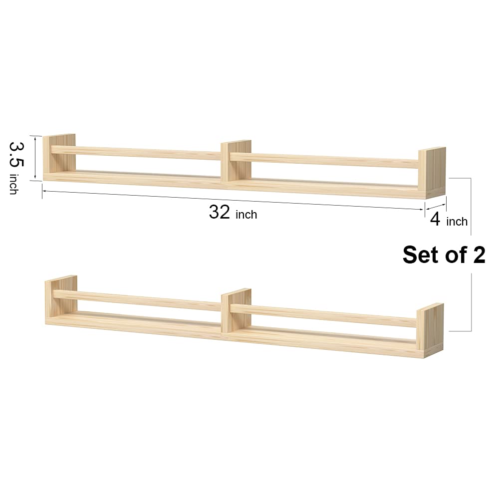 Classic Nursery Shelves, Set of 2 Natural Wood Floating Book Shelves for Kids Room, Wall Shelves for Bathroom Decor, Kitchen Spice Rack, Book Shelf - WoodArtSupply