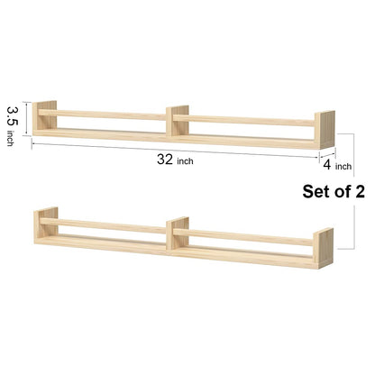 Classic Nursery Shelves, Set of 2 Natural Wood Floating Book Shelves for Kids Room, Wall Shelves for Bathroom Decor, Kitchen Spice Rack, Book Shelf - WoodArtSupply