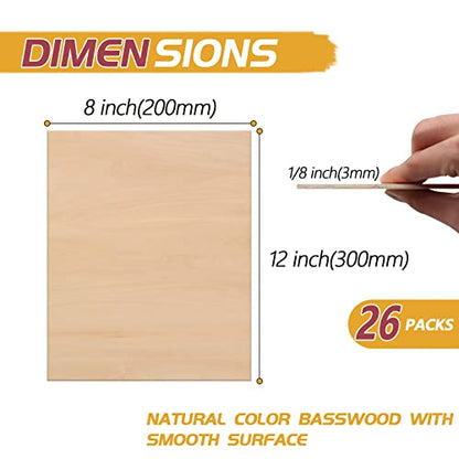 26 Pack Basswood Sheets for Crafts, SIJDIEE 12 x 8 x 1/8 Inch Balsa Wood Sheets, 3mm Thick Plywood Sheets with Smooth Surfaces for Laser Cutting, - WoodArtSupply